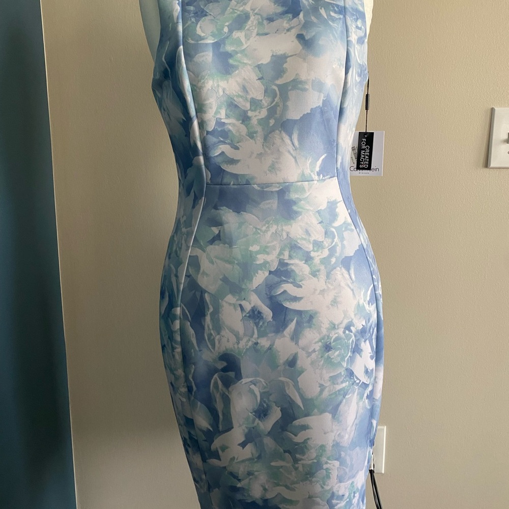Calvin Klein Blue and White Sheath Midi Dress Sleeveless